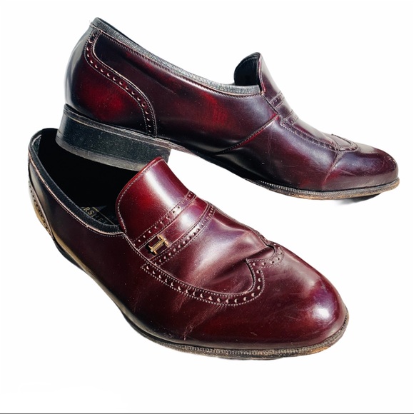Florsheim Burgundy Genuine Leather Cat Eye Vintage Cut Out Design Loafers Shoes - Picture 1 of 14